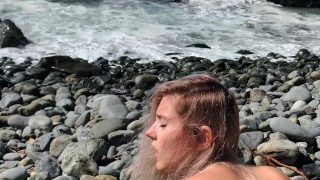 Russian teen girl swallows hot cum on Californian public beach – Eva Elfie