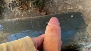 Guy play with his cock in forest