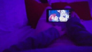 Redhead Girl masturbating watching lesbian Hentai uncensored when parents are in home