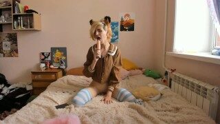 Cute cosplay femboy rides a dildo and drinks his cum