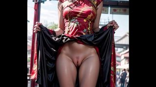 AI generated Chinese beauty in cheongsam showing pussy in public