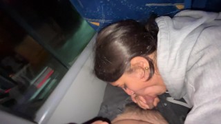 I suck an unknown passenger on a real bus and he cums in my mouth