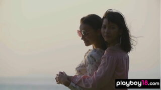 Petite lesbian asian teen Cara Pin and naked Czech GF watching the sunset